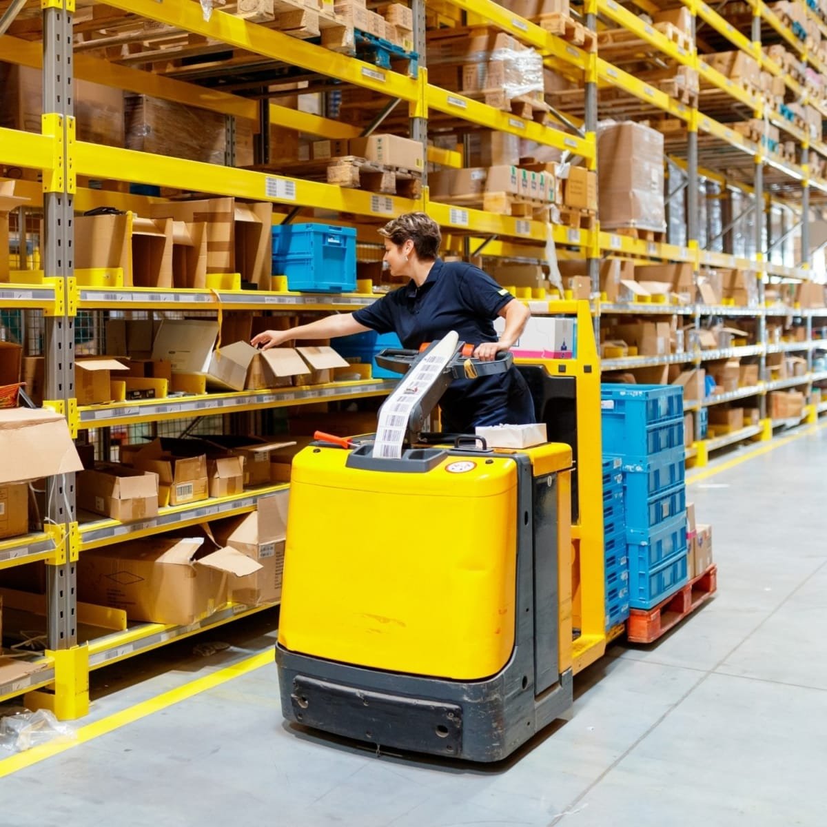 Lager und Logistik Ein Lagerarbeiter nutzt einen elektrischen Hubwagen, um Ware zu bewegen.