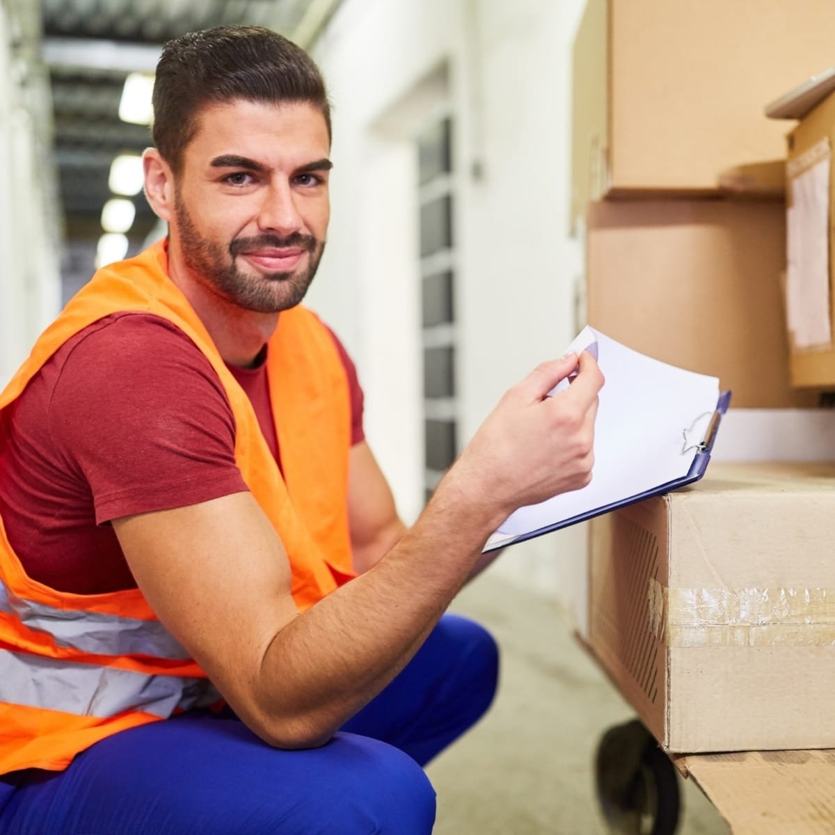 Lager und Logistik Ein Lagerarbeiter in orangefarbener Weste überprüft eine Checkliste vor einem Regal.