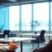Büroumgebung, Personalvermittler und Kandidat, blaue Akzente.
