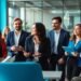 Mitarbeiter im Büro mit blauen Akzenten.