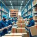 Logistikmitarbeiter mit Paketen im Lager, dezent blaue Akzente.