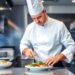 Koch bereitet Gourmetgericht in moderner Küche zu, dezente blaue Akzente.