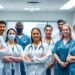 Gesundheitspersonal in einem modernen Krankenhaus mit blauen Akzenten.