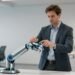 Mann interagiert mit Roboterarm im Büro
